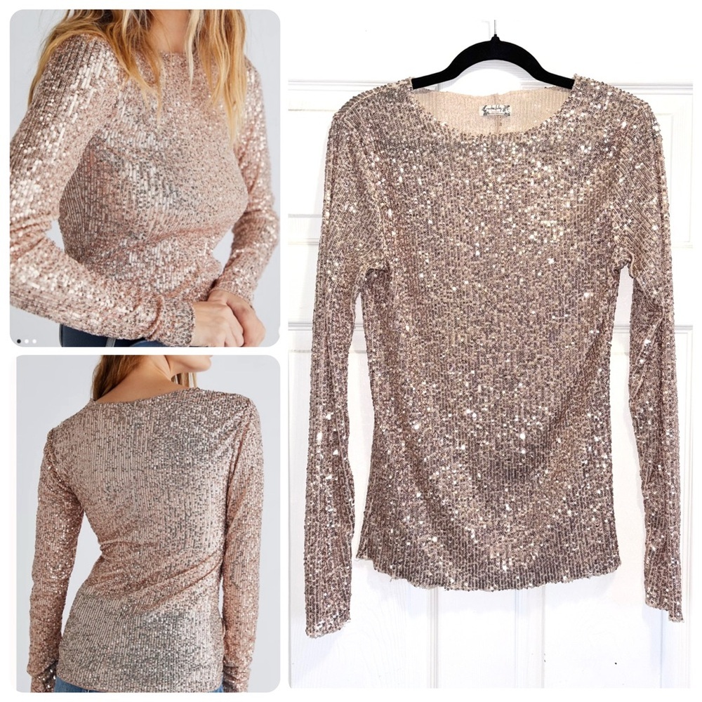 Free People Gold Rush Sequin Top in Rose Gold Combo Size Medium
